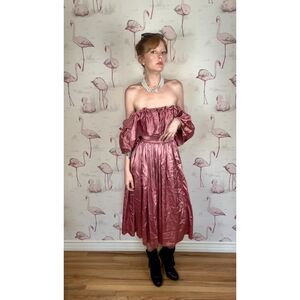 Vintage Handmade Satin Off Shoulder Puff Ruffle Sleeve Renaissance Style Dress